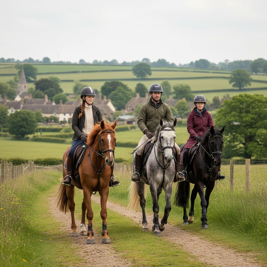 3 riders on horseback in the english countryside, not in hacking jackets and tweeds