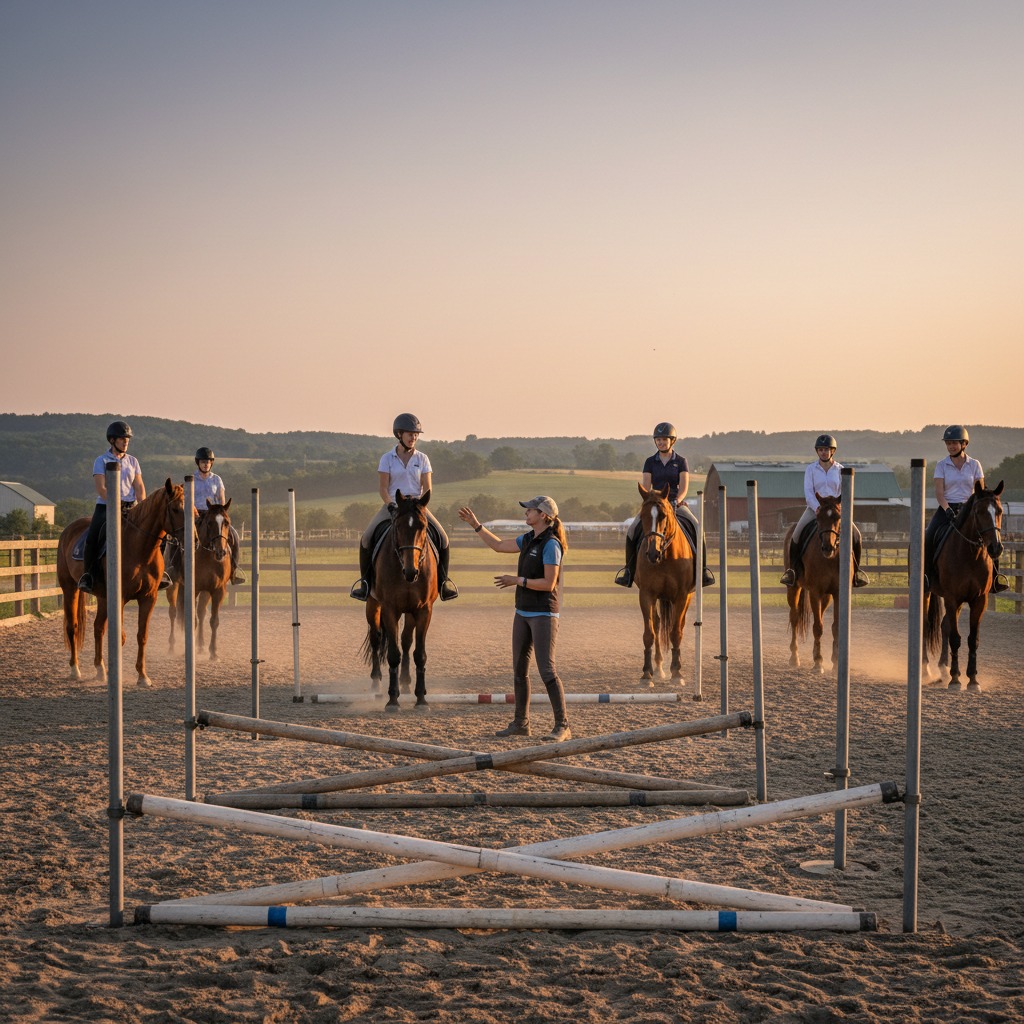 adult riders on horseback at a pole clinic event